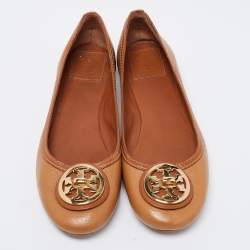 Pre Owned Tory Burch Brown Leather Round Toe Ballet Flats Size 38