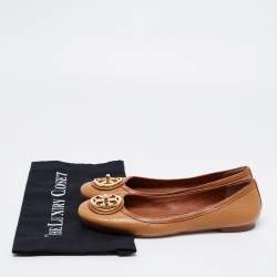 Pre Owned Tory Burch Brown Leather Round Toe Ballet Flats Size 38