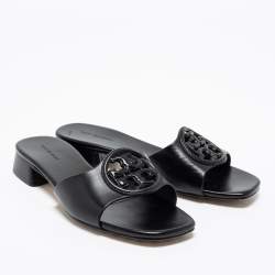 Pre Owned Tory Burch Black Leather Bombe Miller Slide Sandals Size 37.5