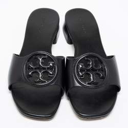 Pre Owned Tory Burch Black Leather Bombe Miller Slide Sandals Size 37.5