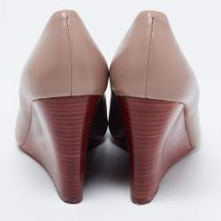 Pre Owned Tory Burch Taupe Leather Julianne Peep-Toe Wedge Pumps Size 37.5