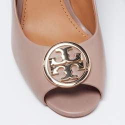 Pre Owned Tory Burch Taupe Leather Julianne Peep-Toe Wedge Pumps Size 37.5