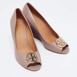 Pre Owned Tory Burch Taupe Leather Julianne Peep-Toe Wedge Pumps Size 37.5