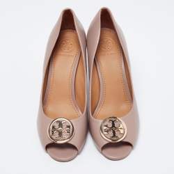 Pre Owned Tory Burch Taupe Leather Julianne Peep-Toe Wedge Pumps Size 37.5