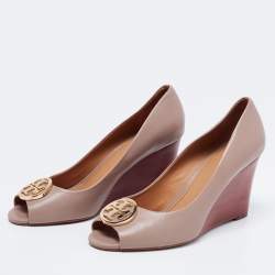 Pre Owned Tory Burch Taupe Leather Julianne Peep-Toe Wedge Pumps Size 37.5