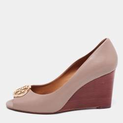 Pre Owned Tory Burch Taupe Leather Julianne Peep-Toe Wedge Pumps Size 37.5