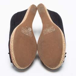 Pre Owned Tory Burch Black Canvas Jackie Bow Espadrille Wedge Pumps Size 38.5