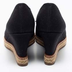 Pre Owned Tory Burch Black Canvas Jackie Bow Espadrille Wedge Pumps Size 38.5
