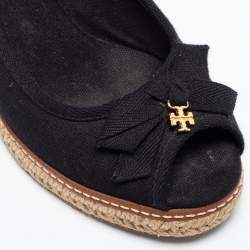 Pre Owned Tory Burch Black Canvas Jackie Bow Espadrille Wedge Pumps Size 38.5