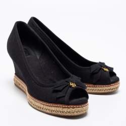 Pre Owned Tory Burch Black Canvas Jackie Bow Espadrille Wedge Pumps Size 38.5