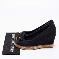 Pre Owned Tory Burch Black Canvas Jackie Bow Espadrille Wedge Pumps Size 38.5