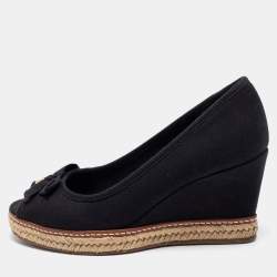 Pre Owned Tory Burch Black Canvas Jackie Bow Espadrille Wedge Pumps Size 38.5