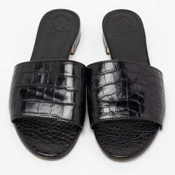 Pre Owned صندل سلايد فلات توري برش جلد نقشة التمساح أسود مقاس 38.5