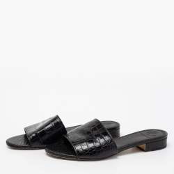 Pre Owned صندل سلايد فلات توري برش جلد نقشة التمساح أسود مقاس 38.5