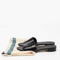 Pre Owned صندل سلايد فلات توري برش جلد نقشة التمساح أسود مقاس 38.5