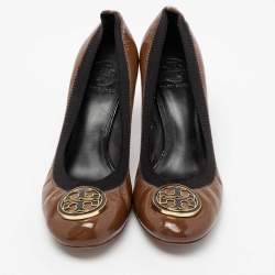 Pre Owned حذاء كعب عالي توري برش كارولين ريفا جلد بني لامع مجعد مقاس 39