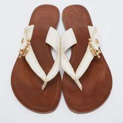 Pre Owned Tory Burch White Leather Thong Flats Size 36.5