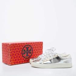 Pre Owned Tory Burch Silver/White Leather Tory Sport Ruffle Low Top Sneakers Size 38.5