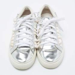 Pre Owned Tory Burch Silver/White Leather Tory Sport Ruffle Low Top Sneakers Size 38.5