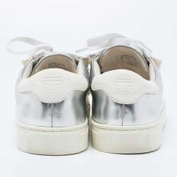 Pre Owned Tory Burch Silver/White Leather Tory Sport Ruffle Low Top Sneakers Size 38.5