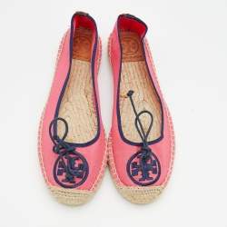 Pre Owned Tory Burch Pink Canvas Espadrille Ballet Flats Size 38