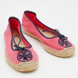 Pre Owned Tory Burch Pink Canvas Espadrille Ballet Flats Size 38