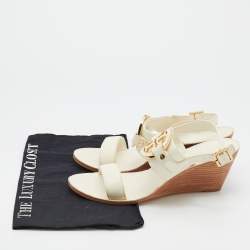 Pre Owned Tory Burch Cream Leather Wedge Sandals Size 38