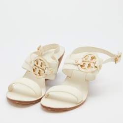 Pre Owned Tory Burch Cream Leather Wedge Sandals Size 38