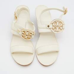 Pre Owned Tory Burch Cream Leather Wedge Sandals Size 38