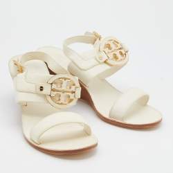 Pre Owned Tory Burch Cream Leather Wedge Sandals Size 38