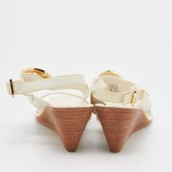 Pre Owned Tory Burch Cream Leather Wedge Sandals Size 38