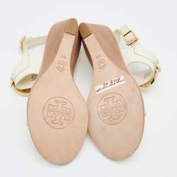 Pre Owned Tory Burch Cream Leather Wedge Sandals Size 38