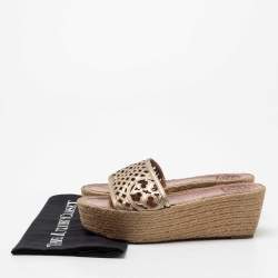 Pre Owned Tory Burch Metallic Gold Leather Thatched Espadrille Platform Wedge Sandals Size 38