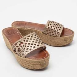 Pre Owned Tory Burch Metallic Gold Leather Thatched Espadrille Platform Wedge Sandals Size 38