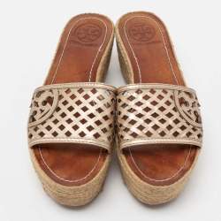Pre Owned Tory Burch Metallic Gold Leather Thatched Espadrille Platform Wedge Sandals Size 38