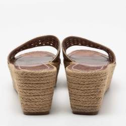 Pre Owned Tory Burch Metallic Gold Leather Thatched Espadrille Platform Wedge Sandals Size 38