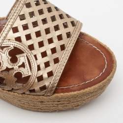 Pre Owned Tory Burch Metallic Gold Leather Thatched Espadrille Platform Wedge Sandals Size 38