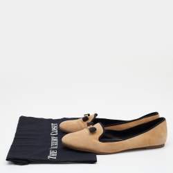 Pre Owned Tory Burch Beige Suede Bow Smoking Slippers Size 38.5