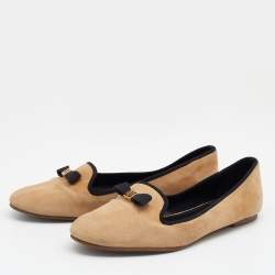 Pre Owned Tory Burch Beige Suede Bow Smoking Slippers Size 38.5