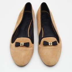 Pre Owned Tory Burch Beige Suede Bow Smoking Slippers Size 38.5