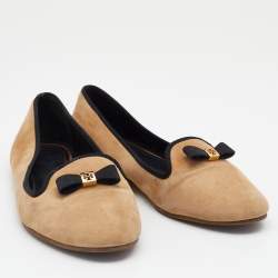 Pre Owned Tory Burch Beige Suede Bow Smoking Slippers Size 38.5