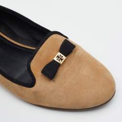 Pre Owned Tory Burch Beige Suede Bow Smoking Slippers Size 38.5