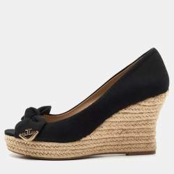 Pre Owned Tory Burch Black Fabric Bow Peep-Toe Espadrille Wedge Pumps Size Size 37.5