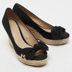Pre Owned Tory Burch Black Fabric Bow Peep-Toe Espadrille Wedge Pumps Size Size 37.5