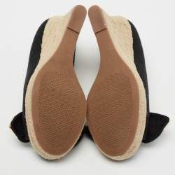 Pre Owned Tory Burch Black Fabric Bow Peep-Toe Espadrille Wedge Pumps Size Size 37.5