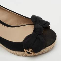 Pre Owned Tory Burch Black Fabric Bow Peep-Toe Espadrille Wedge Pumps Size Size 37.5