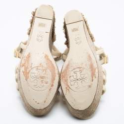 Pre Owned Tory Burch Cream Leather Ankle Strap Wedge Sandals Size 38