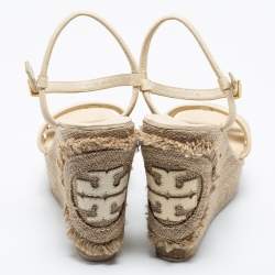 Pre Owned Tory Burch Cream Leather Ankle Strap Wedge Sandals Size 38