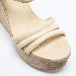 Pre Owned Tory Burch Cream Leather Ankle Strap Wedge Sandals Size 38