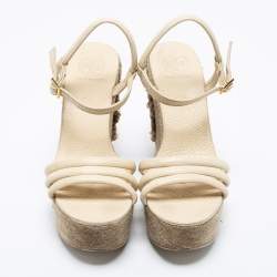 Pre Owned Tory Burch Cream Leather Ankle Strap Wedge Sandals Size 38